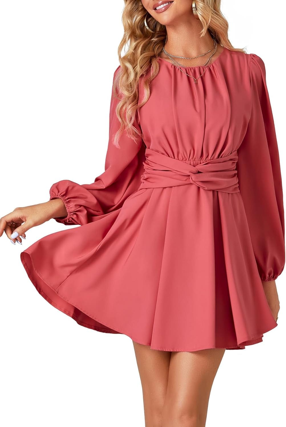 Umenlele Women'S Lantern Long Sleeve Twist Knot Tie Waist Crewneck Flowy a Line Short Mini Dress