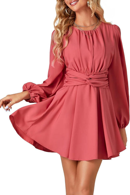 Umenlele Women'S Lantern Long Sleeve Twist Knot Tie Waist Crewneck Flowy a Line Short Mini Dress
