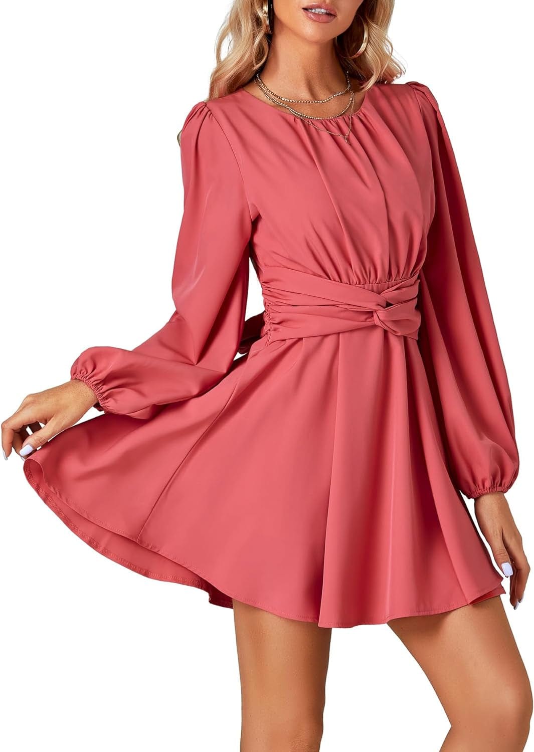 Umenlele Women'S Lantern Long Sleeve Twist Knot Tie Waist Crewneck Flowy a Line Short Mini Dress