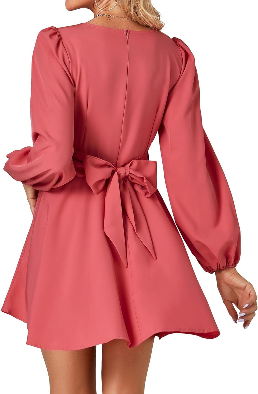Umenlele Women'S Lantern Long Sleeve Twist Knot Tie Waist Crewneck Flowy a Line Short Mini Dress