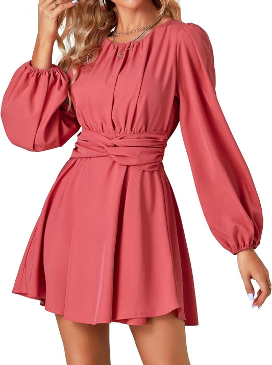 Umenlele Women'S Lantern Long Sleeve Twist Knot Tie Waist Crewneck Flowy a Line Short Mini Dress