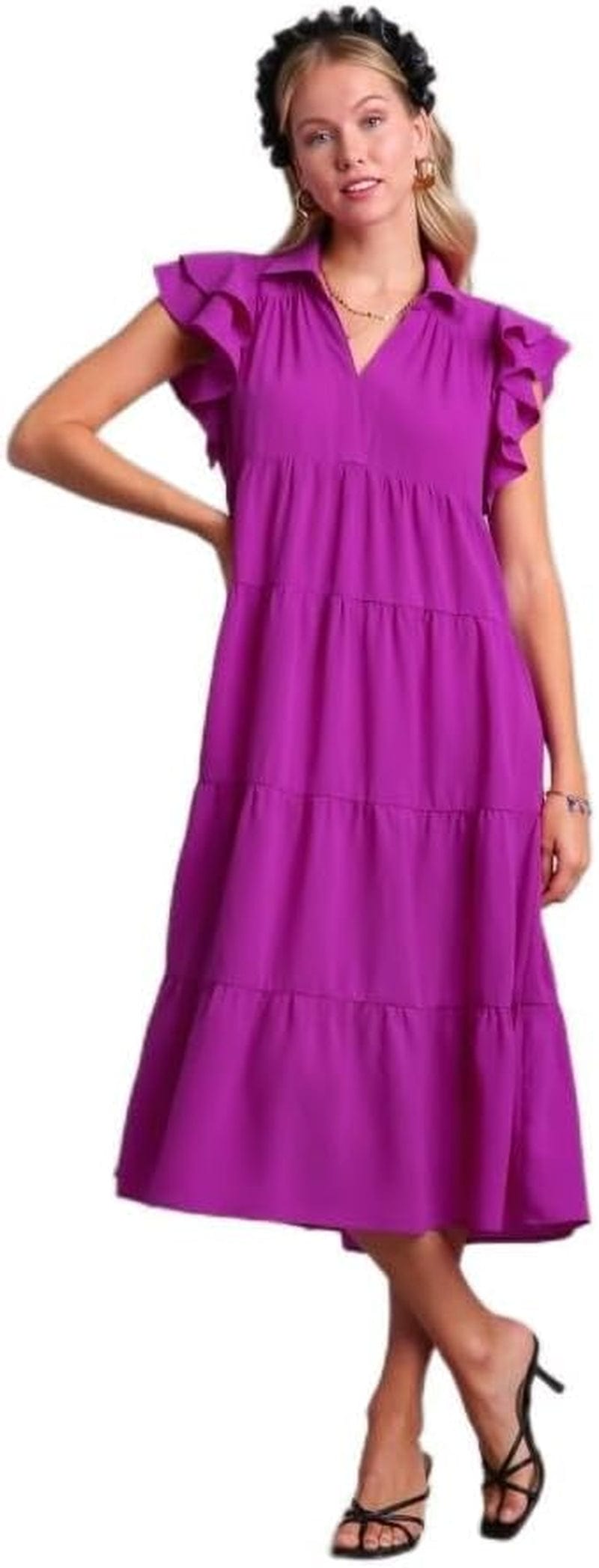 Umgee Collar Split Neck Short Ruffle Sleeves Tiered Midi Dress with No Lining Magenta / Small