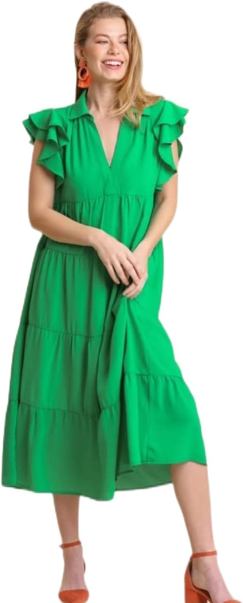 Umgee Collar Split Neck Short Ruffle Sleeves Tiered Midi Dress with No Lining Kelly Green / Medium