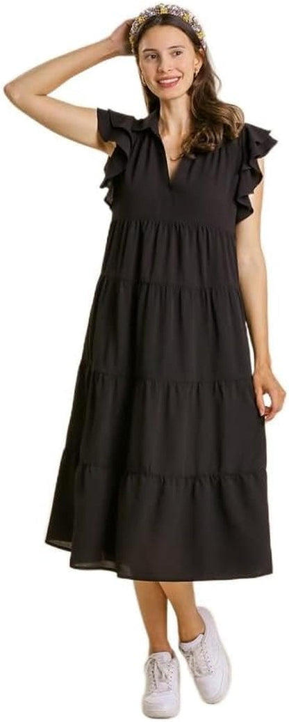 Umgee Collar Split Neck Short Ruffle Sleeves Tiered Midi Dress with No Lining Black / Small