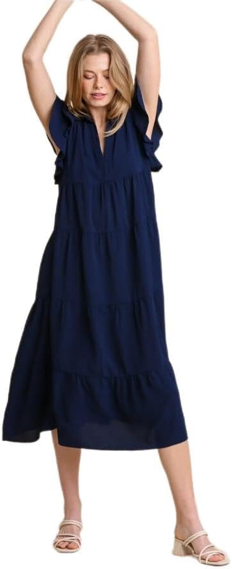 Umgee Collar Split Neck Short Ruffle Sleeves Tiered Midi Dress with No Lining Navy / Small
