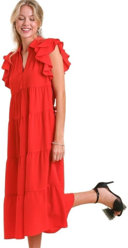 Umgee Collar Split Neck Short Ruffle Sleeves Tiered Midi Dress with No Lining Tomato Red / Small