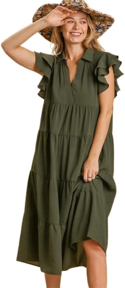 Umgee Collar Split Neck Short Ruffle Sleeves Tiered Midi Dress with No Lining Olive / Small