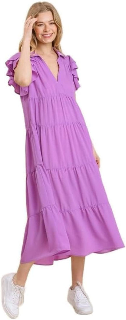 Umgee Collar Split Neck Short Ruffle Sleeves Tiered Midi Dress with No Lining Lavender / Small