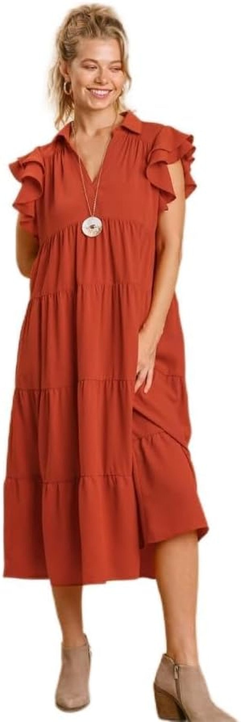 Umgee Collar Split Neck Short Ruffle Sleeves Tiered Midi Dress with No Lining Sunset / Small