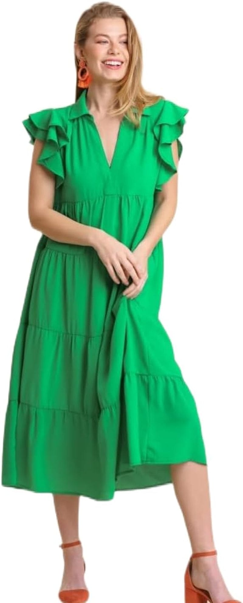 Umgee Collar Split Neck Short Ruffle Sleeves Tiered Midi Dress with No Lining Kelly Green / Small