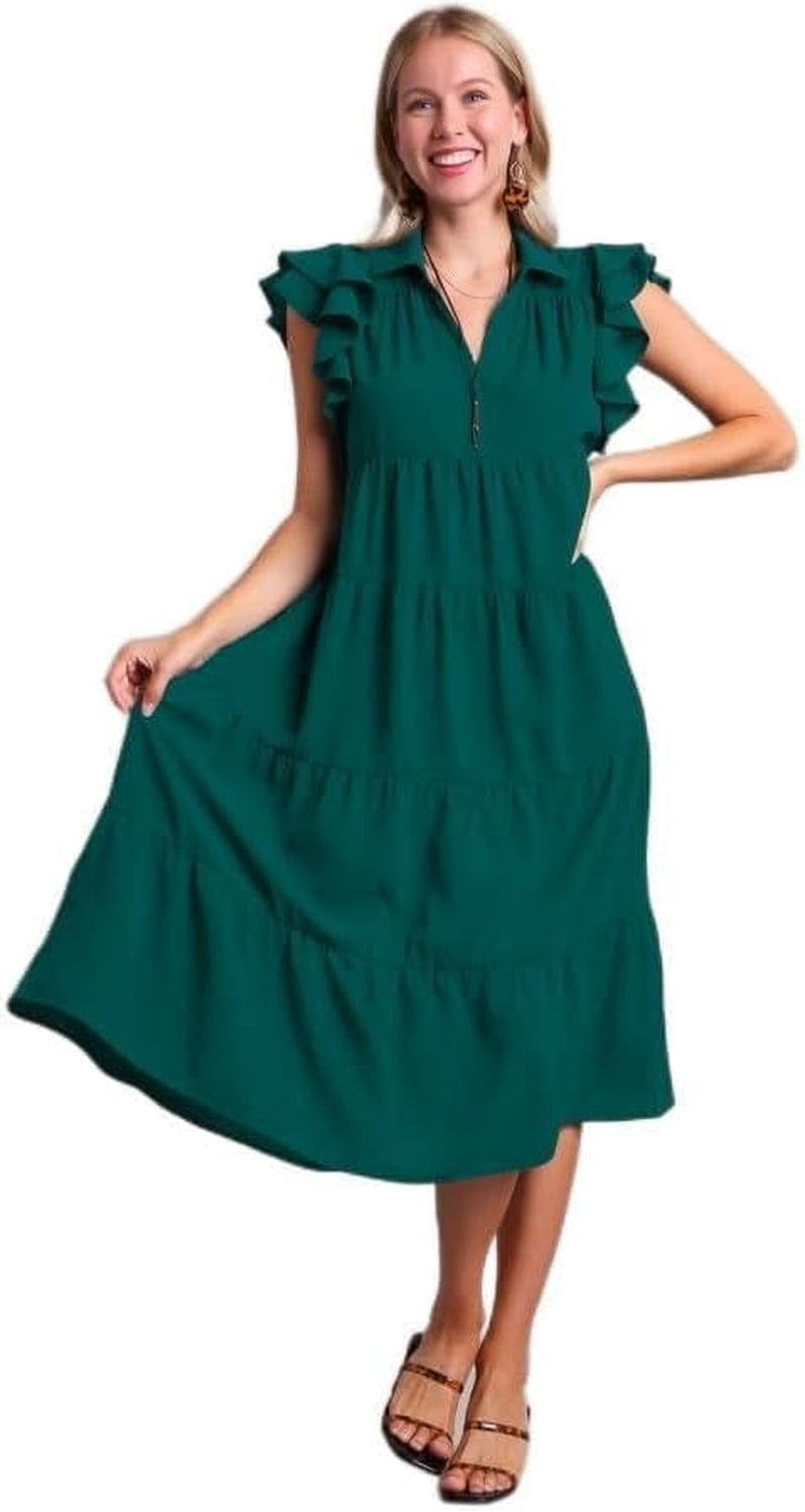 Umgee Collar Split Neck Short Ruffle Sleeves Tiered Midi Dress with No Lining Dark Teal / Small
