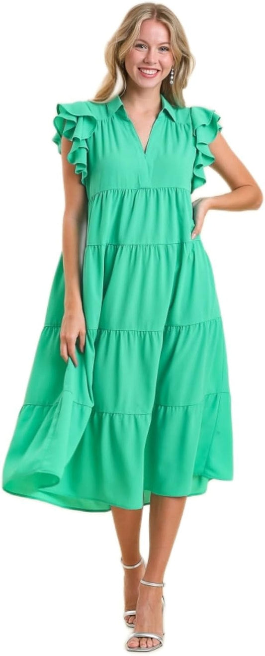 Umgee Collar Split Neck Short Ruffle Sleeves Tiered Midi Dress with No Lining