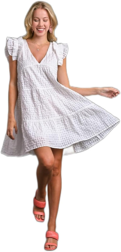 Umgee Seersucker V-Neck Tiered Dress with Flutter Sleeve