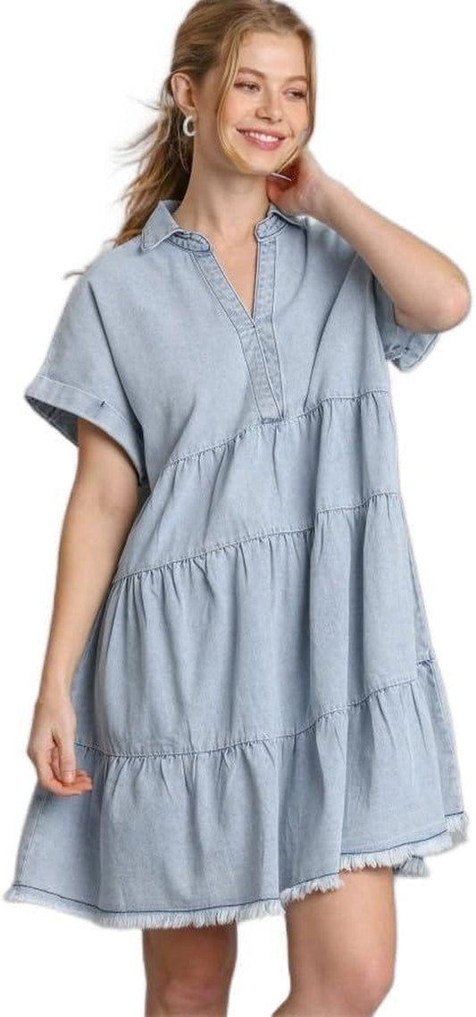 Umgee Short Folded Sleeve V-Neck Collared Ruffle Tiered Denim Dress with Frayed Hem