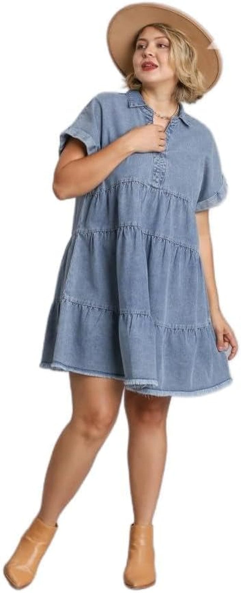Umgee Short Folded Sleeve V-Neck Collared Ruffle Tiered Denim Dress with Frayed Hem