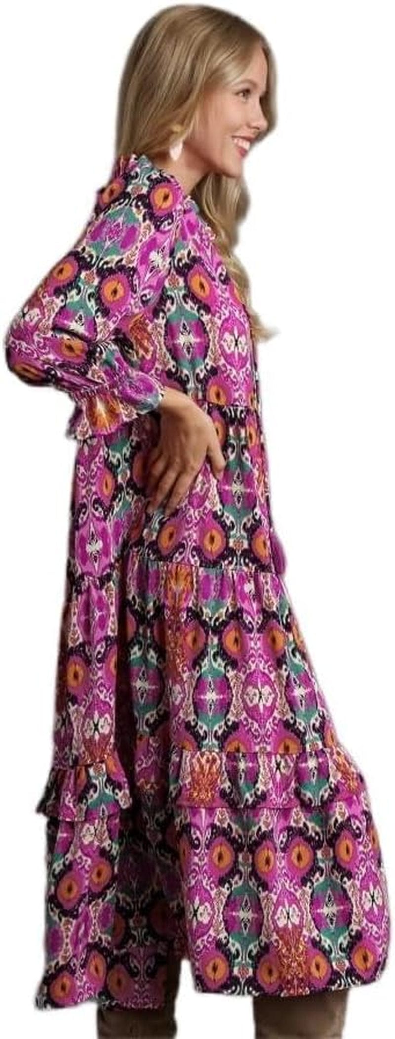Umgee USA Ruffle V-Neck Tassel Drawstring Print Midi Dress with 3/4 Sleeves Magenta Mix / Medium
