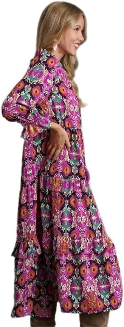 Umgee USA Ruffle V-Neck Tassel Drawstring Print Midi Dress with 3/4 Sleeves Magenta Mix / Medium