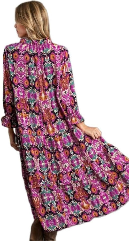 Umgee USA Ruffle V-Neck Tassel Drawstring Print Midi Dress with 3/4 Sleeves