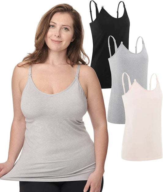 Under Control Nursing Cami Tank Tops for Breastfeeding Women Nursing Tops Maternity Shirts, Camisoles with Built in Bra 3Pack Grey/Pink/Black / X-Large