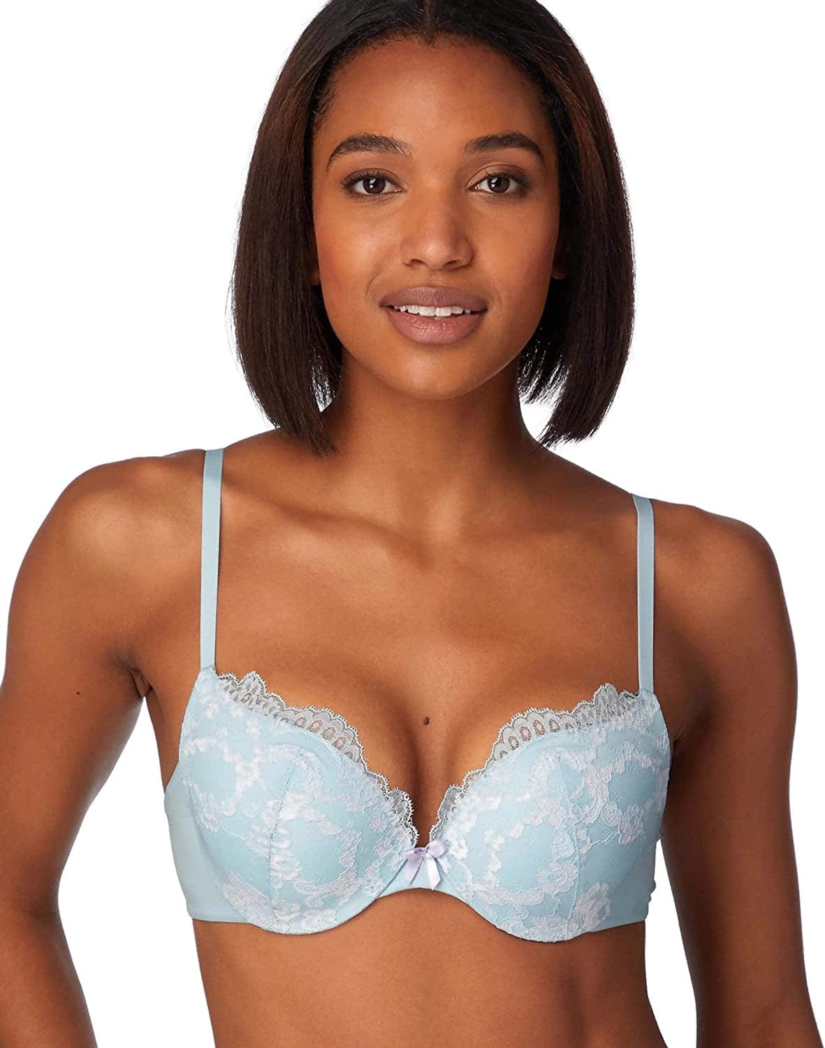 Underwire Demi Bra, Best Push-Up Bra with Wonderbra Technology, Smoothing Lace-Trim Bra with Push-Up Cups Blue Whimsy/Urban Lilac / 38D