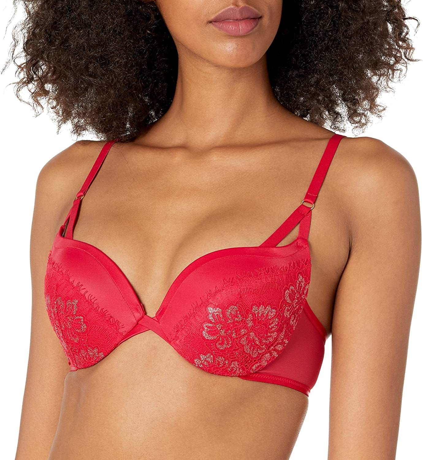 Underwire Demi Bra, Best Push-Up Bra with Wonderbra Technology, Smoothing Lace-Trim Bra with Push-Up Cups Crimson Sunset/Gold / 40C