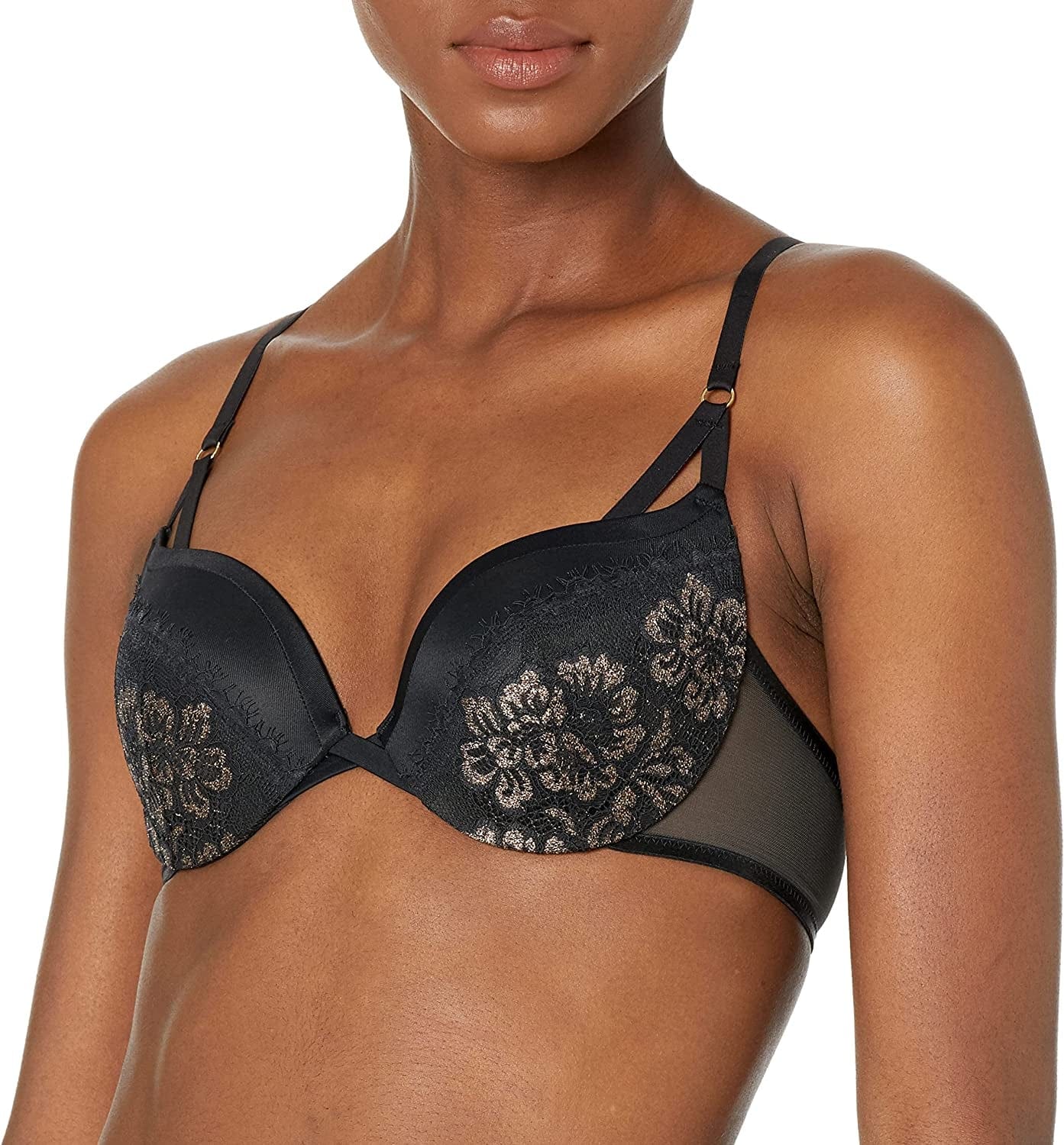 Underwire Demi Bra, Best Push-Up Bra with Wonderbra Technology, Smoothing Lace-Trim Bra with Push-Up Cups Black/Gold / 38D