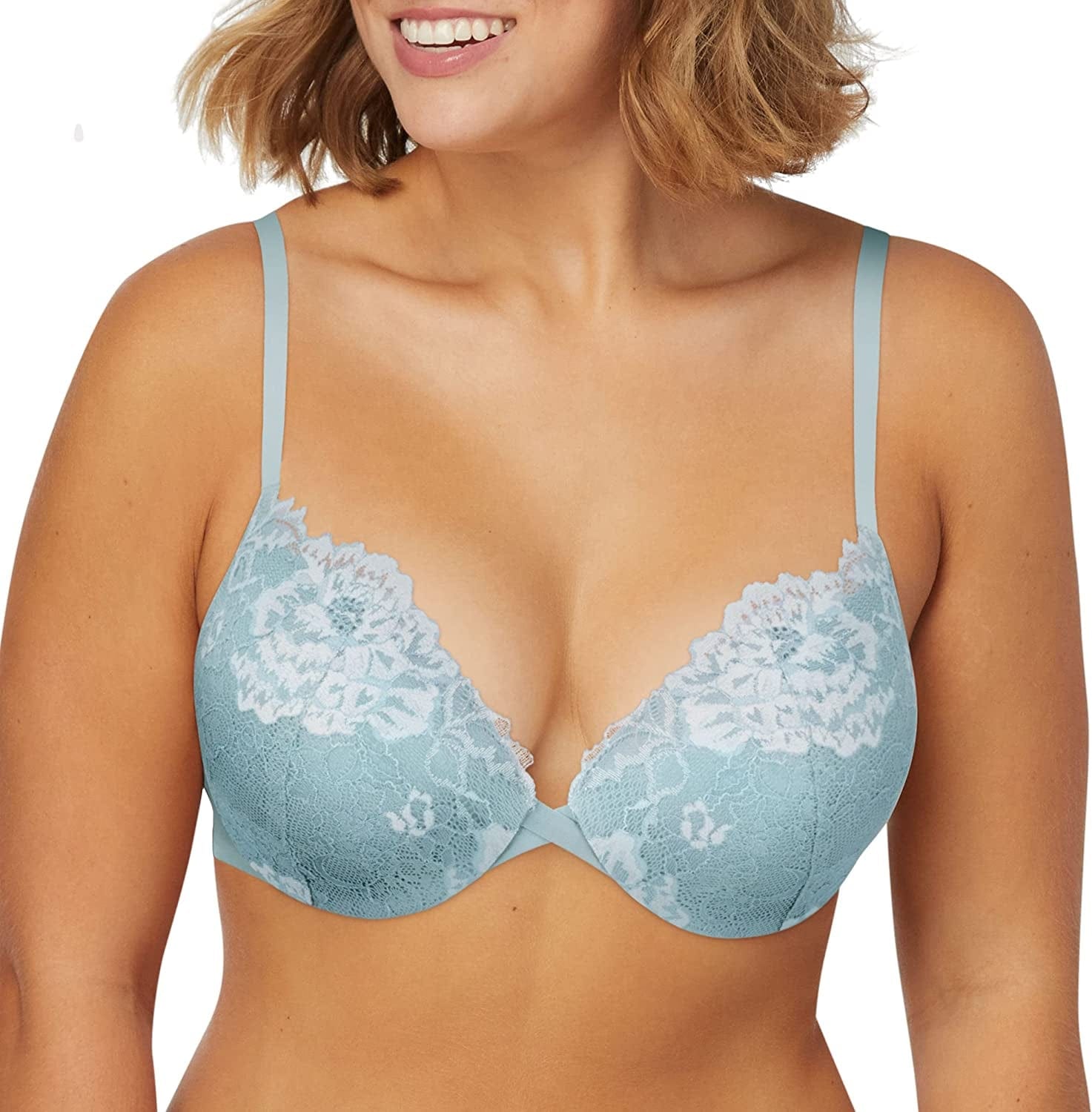 Underwire Demi Bra, Best Push-Up Bra with Wonderbra Technology, Smoothing Lace-Trim Bra with Push-Up Cups Blue Whimsy/White / 38D