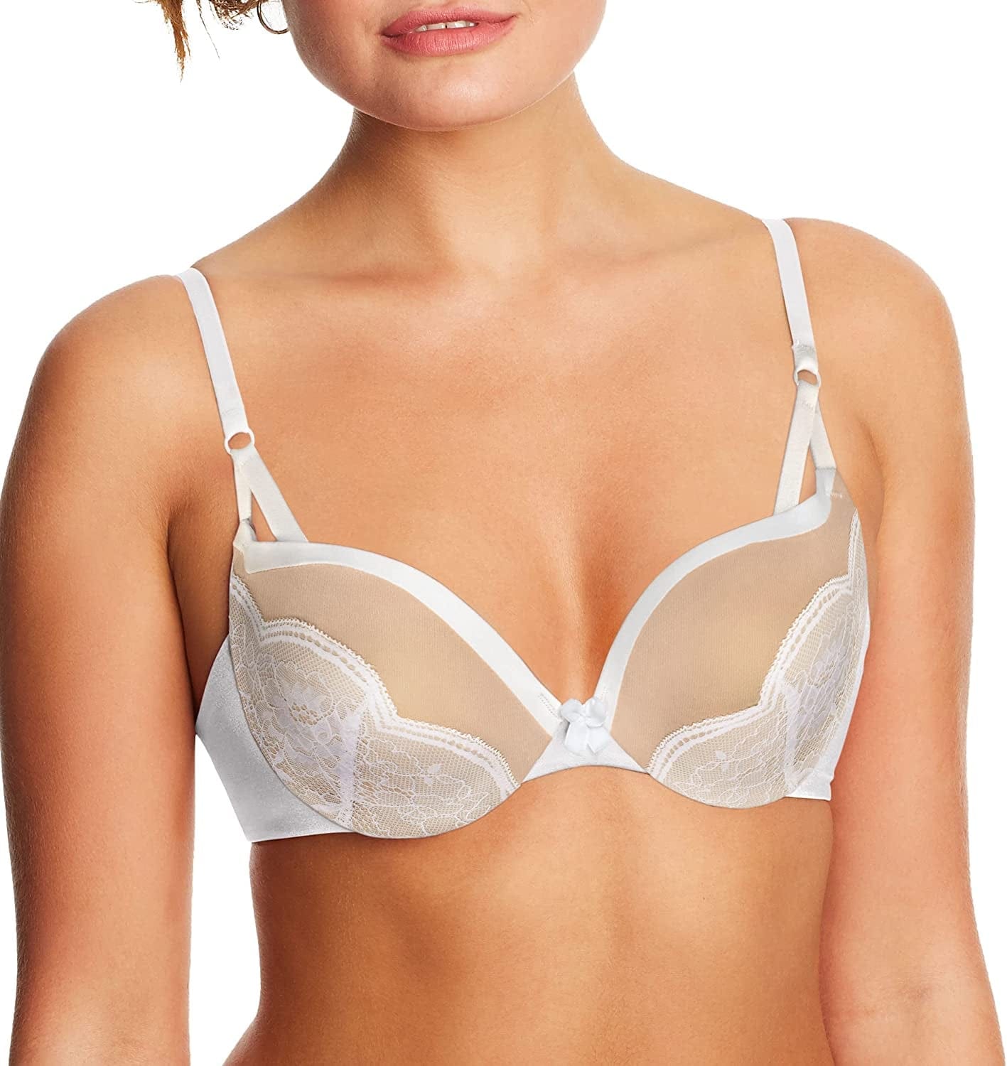 Underwire Demi Bra, Best Push-Up Bra with Wonderbra Technology, Smoothing Lace-Trim Bra with Push-Up Cups White/Paris Nude Strappy Lace / 34B