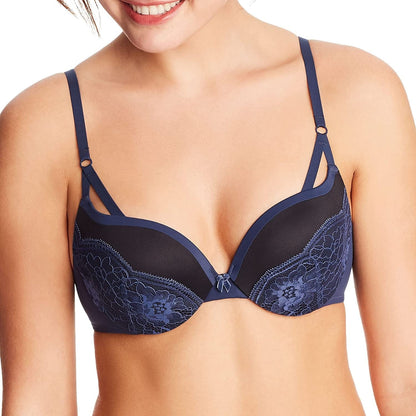 Underwire Demi Bra, Best Push-Up Bra with Wonderbra Technology, Smoothing Lace-Trim Bra with Push-Up Cups Navy/Black / 38D
