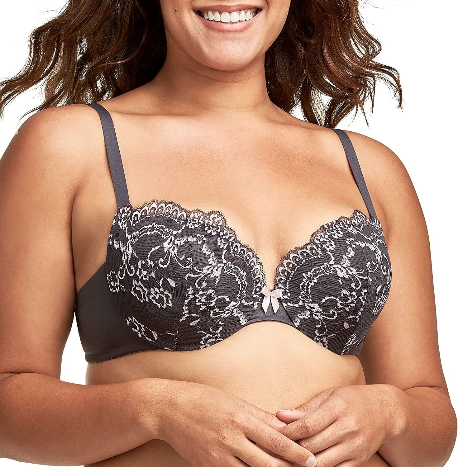 Underwire Demi Bra, Best Push-Up Bra with Wonderbra Technology, Smoothing Lace-Trim Bra with Push-Up Cups Rising Smoke/Gentle Peach / 38D