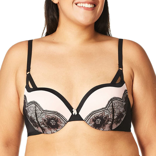 Underwire Demi Bra, Best Push-Up Bra with Wonderbra Technology, Smoothing Lace-Trim Bra with Push-Up Cups Black/Gentle Peach Strappy Lace / 36B