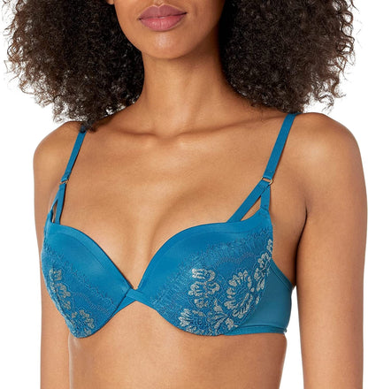 Underwire Demi Bra, Best Push-Up Bra with Wonderbra Technology, Smoothing Lace-Trim Bra with Push-Up Cups Petro Teal W/ Gold / 36D