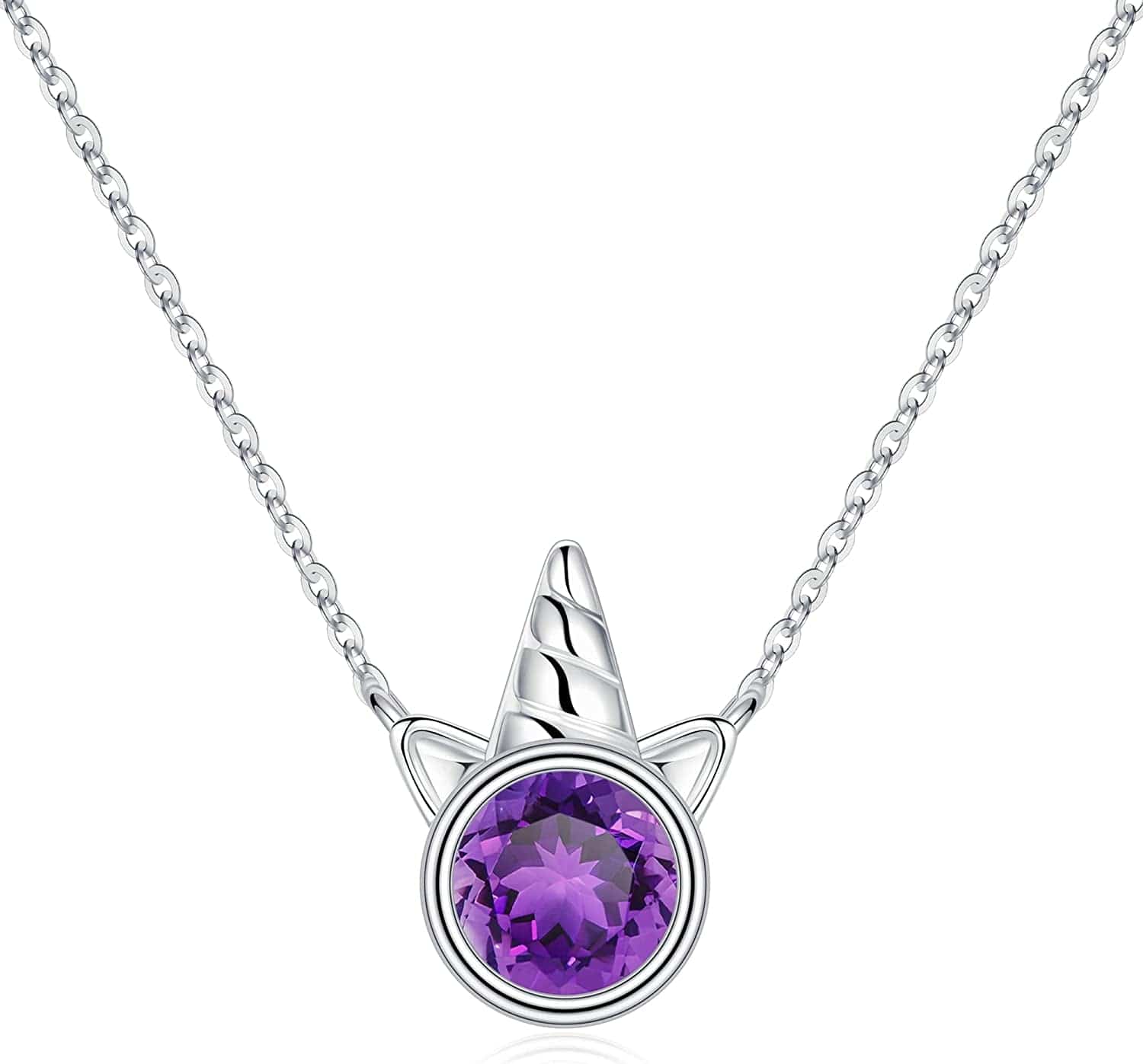 Unicorns Gifts for Girls, S925 Sterling Silver Unicorn Necklace for Girls Unicorn Gifts Dainty Unicorn Birthstone Pendant Necklace Unicorn Jewelry for Teen Girls Unicorns Gifts for Girls Silver / 02 Feb - Amethyst