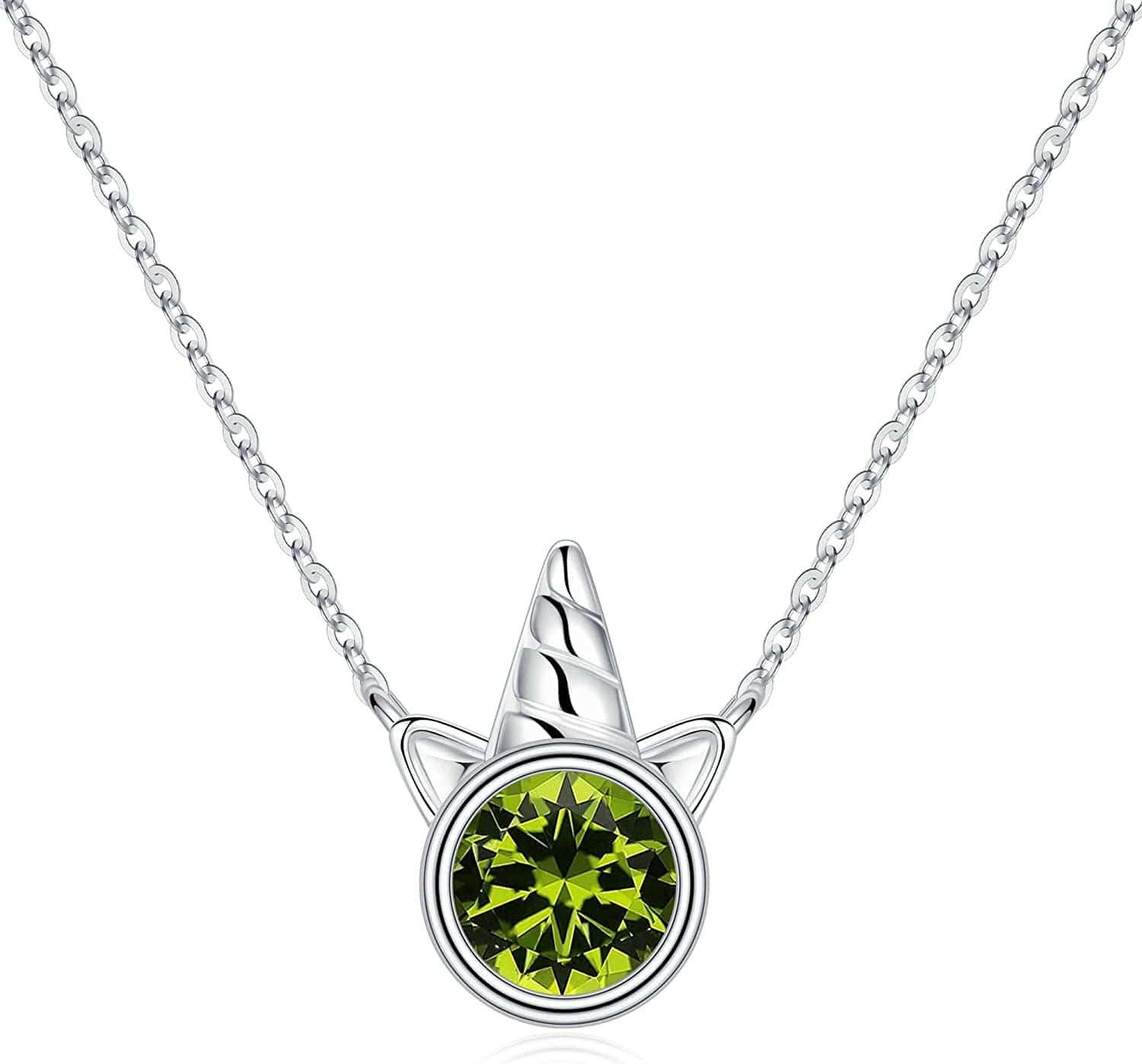 Unicorns Gifts for Girls, S925 Sterling Silver Unicorn Necklace for Girls Unicorn Gifts Dainty Unicorn Birthstone Pendant Necklace Unicorn Jewelry for Teen Girls Unicorns Gifts for Girls Silver / 08 Aug - Peridot