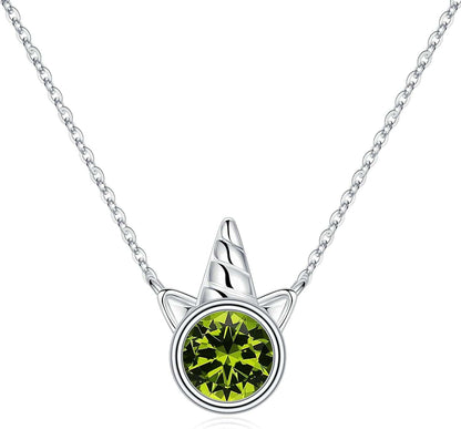 Unicorns Gifts for Girls, S925 Sterling Silver Unicorn Necklace for Girls Unicorn Gifts Dainty Unicorn Birthstone Pendant Necklace Unicorn Jewelry for Teen Girls Unicorns Gifts for Girls Silver / 08 Aug - Peridot