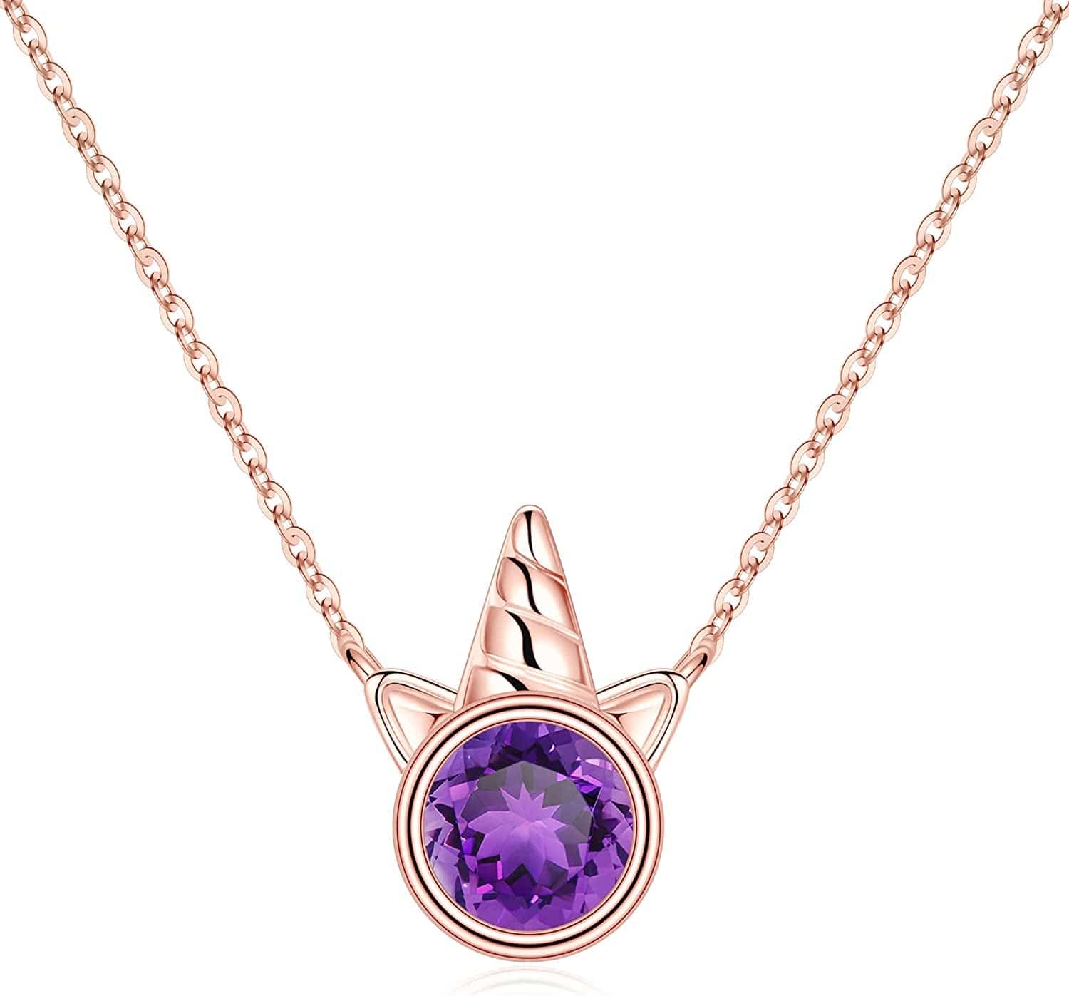 Unicorns Gifts for Girls, S925 Sterling Silver Unicorn Necklace for Girls Unicorn Gifts Dainty Unicorn Birthstone Pendant Necklace Unicorn Jewelry for Teen Girls Unicorns Gifts for Girls Rose Gold / 02 Feb - Amethyst