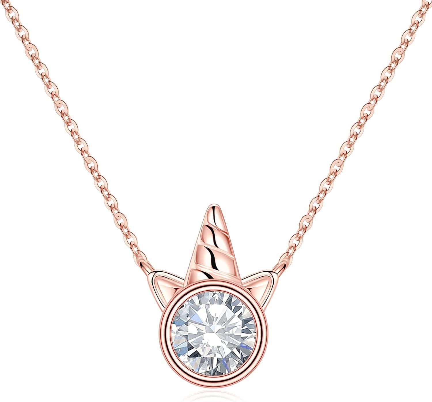 Unicorns Gifts for Girls, S925 Sterling Silver Unicorn Necklace for Girls Unicorn Gifts Dainty Unicorn Birthstone Pendant Necklace Unicorn Jewelry for Teen Girls Unicorns Gifts for Girls Rose Gold / 04 Apr - White Topaz