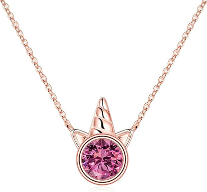 Unicorns Gifts for Girls, S925 Sterling Silver Unicorn Necklace for Girls Unicorn Gifts Dainty Unicorn Birthstone Pendant Necklace Unicorn Jewelry for Teen Girls Unicorns Gifts for Girls Rose Gold / 10 Oct - Pink Sapphire