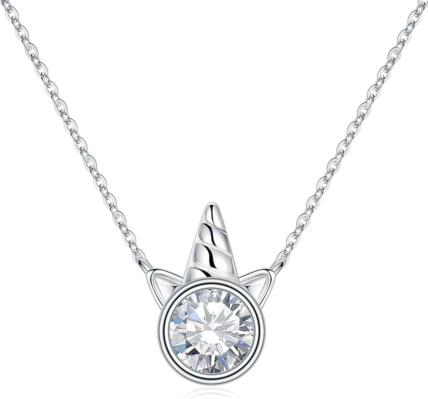 Unicorns Gifts for Girls, S925 Sterling Silver Unicorn Necklace for Girls Unicorn Gifts Dainty Unicorn Birthstone Pendant Necklace Unicorn Jewelry for Teen Girls Unicorns Gifts for Girls Silver / 04 Apr - White Topaz