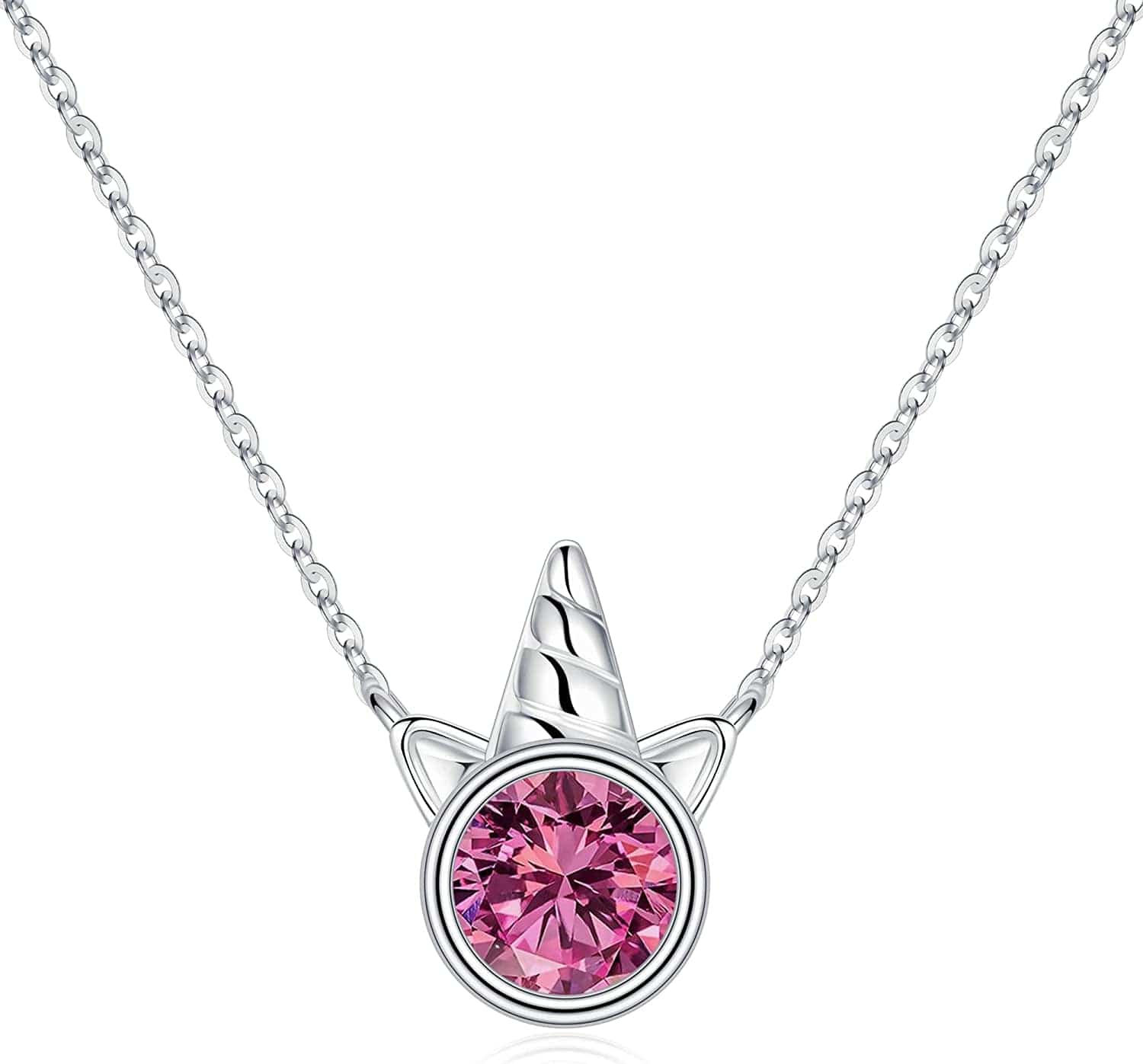 Unicorns Gifts for Girls, S925 Sterling Silver Unicorn Necklace for Girls Unicorn Gifts Dainty Unicorn Birthstone Pendant Necklace Unicorn Jewelry for Teen Girls Unicorns Gifts for Girls Silver / 10 Oct - Pink Sapphire