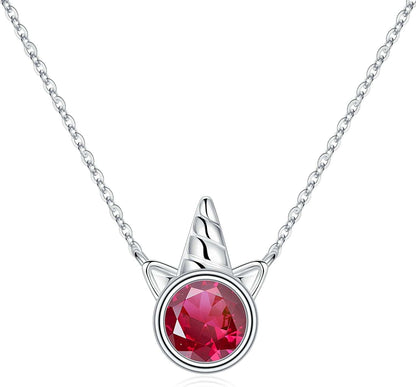 Unicorns Gifts for Girls, S925 Sterling Silver Unicorn Necklace for Girls Unicorn Gifts Dainty Unicorn Birthstone Pendant Necklace Unicorn Jewelry for Teen Girls Unicorns Gifts for Girls Silver / 07 July - Ruby
