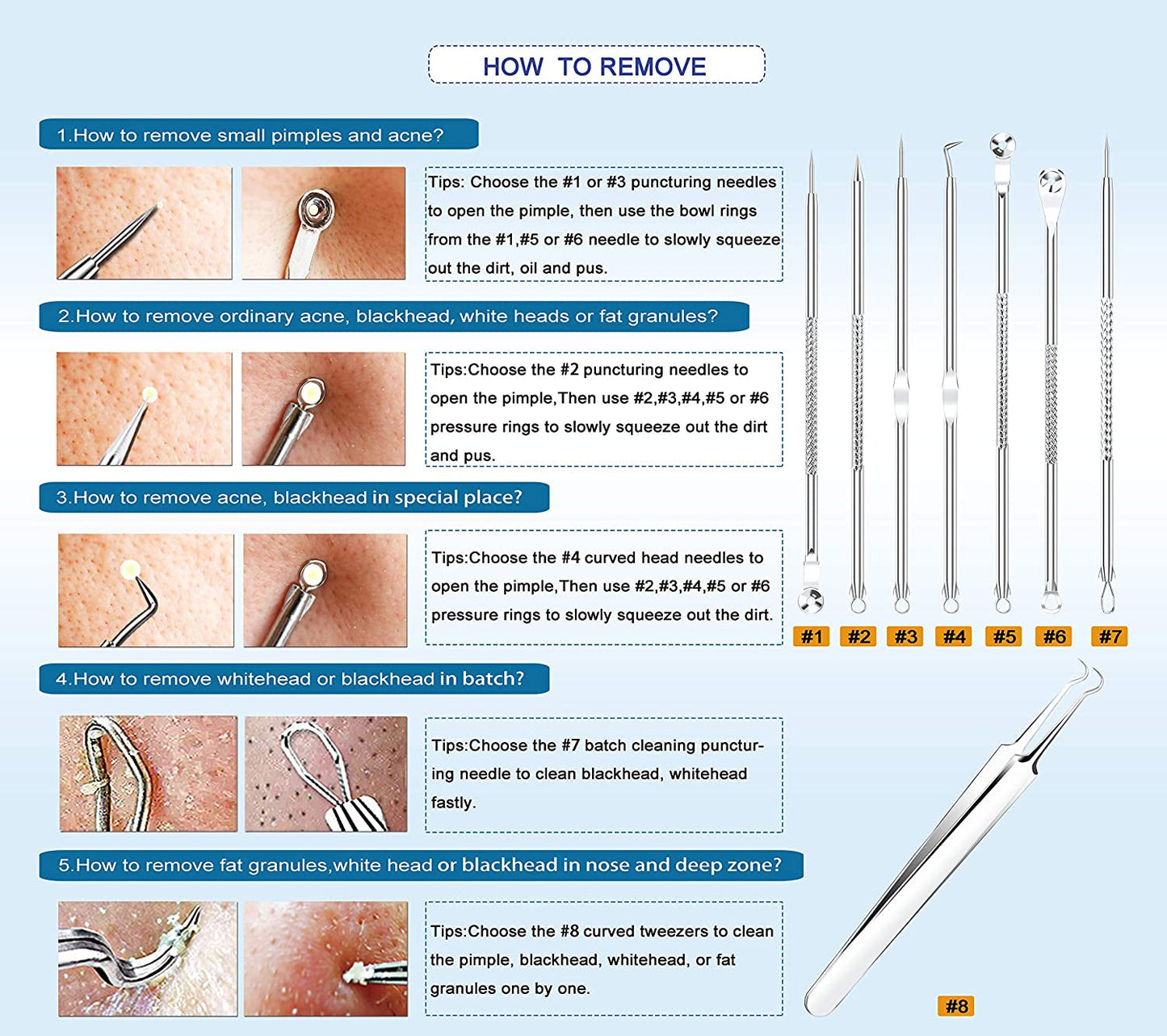[Upgraded] 8PCS Blackhead Remover, Pimple Tool Kit, Acne Tools, Comedone Extractor, Blemish Whitehead Removal, Professional Curved Tweezers Kits, Premium Stainless Steel Health & Beauty > Personal Care > Cosmetics > Cosmetic Tools > Skin Care Tools Mroobest   