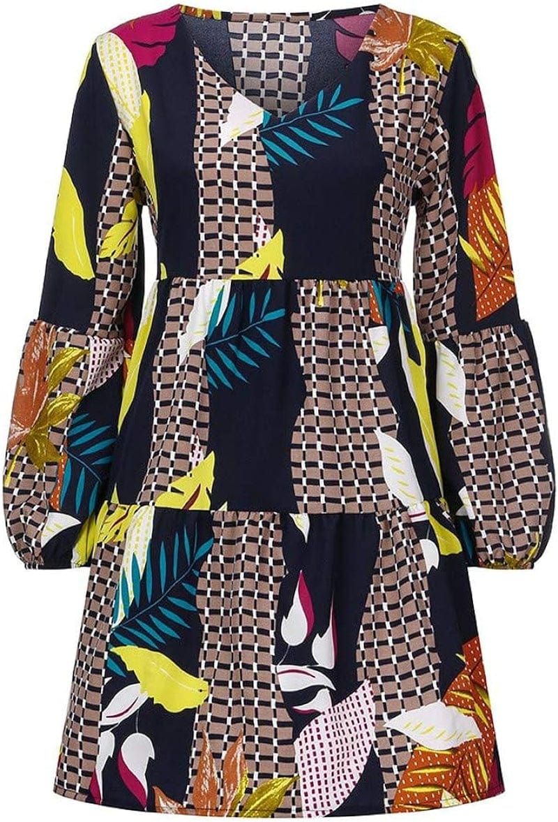 UQRZAU Women'S Dresses Fashion Winter Dresses Long Sleeve Midi Maple Leaf Printed Swing Loose Comfy Casual Dress, S-2XL