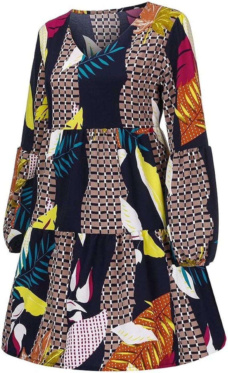 UQRZAU Women'S Dresses Fashion Winter Dresses Long Sleeve Midi Maple Leaf Printed Swing Loose Comfy Casual Dress, S-2XL