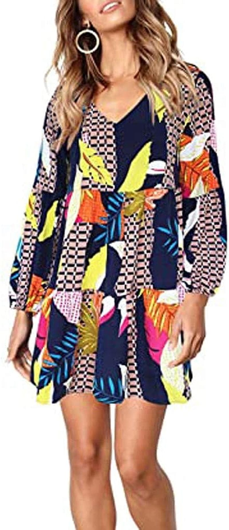 UQRZAU Women'S Dresses Fashion Winter Dresses Long Sleeve Midi Maple Leaf Printed Swing Loose Comfy Casual Dress, S-2XL