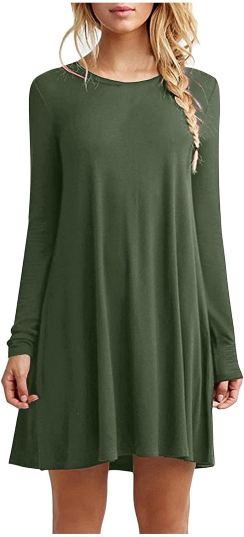 UQRZAU Women'S Dresses Winter Fashion Casual Solid round Neck Pullover Loose Long Sleeve Midi Dress, S-2XL Green / Small