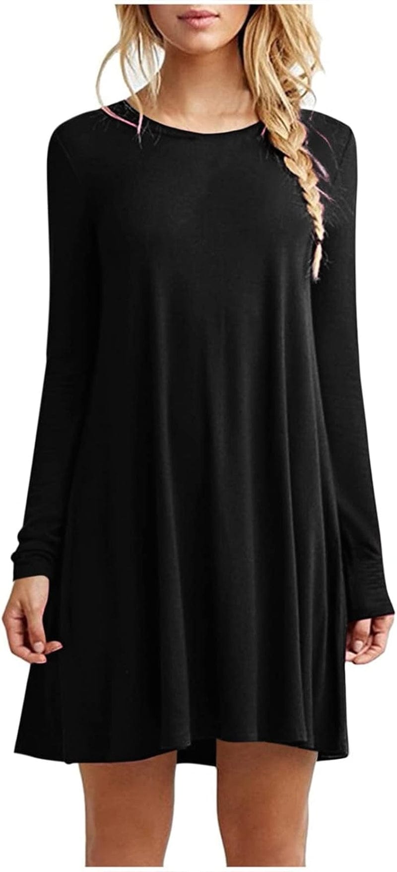 UQRZAU Women'S Dresses Winter Fashion Casual Solid round Neck Pullover Loose Long Sleeve Midi Dress, S-2XL Black / Medium