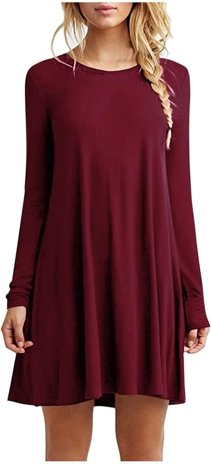 UQRZAU Women'S Dresses Winter Fashion Casual Solid round Neck Pullover Loose Long Sleeve Midi Dress, S-2XL Wine / Large