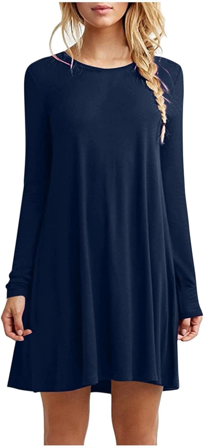UQRZAU Women'S Dresses Winter Fashion Casual Solid round Neck Pullover Loose Long Sleeve Midi Dress, S-2XL Blue / X-Large