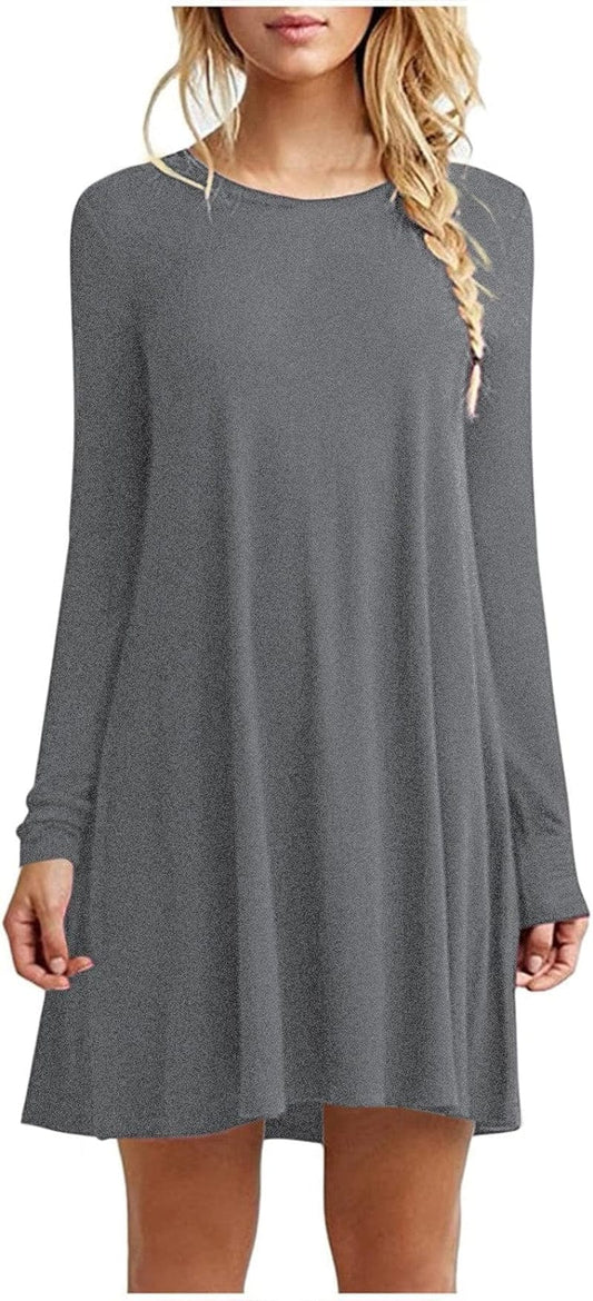 UQRZAU Women'S Dresses Winter Fashion Casual Solid round Neck Pullover Loose Long Sleeve Midi Dress, S-2XL